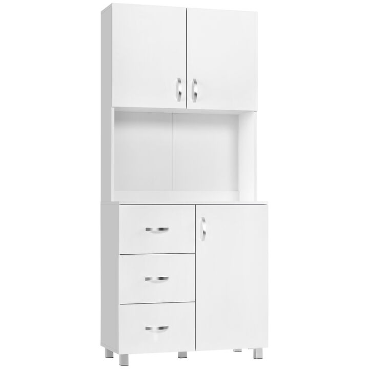 HOMCOM Freestanding Kitchen Pantry, Buffet with Hutch Storage Organizer with 2 Door Cabinets, 3 Drawers and Open Countertop, Adjustable Shelf, White