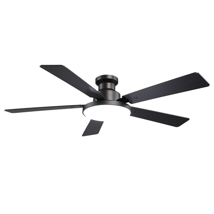 52" Modern Matte Black Dimmable Reversible Low Profile Flush Mount Smart Ceiling Fan with Light, APP Control and Remote