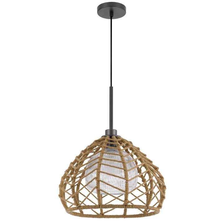 Ceiling Pendant Light, Braided Burlap Dome Shade, 21 Inch Black Metal