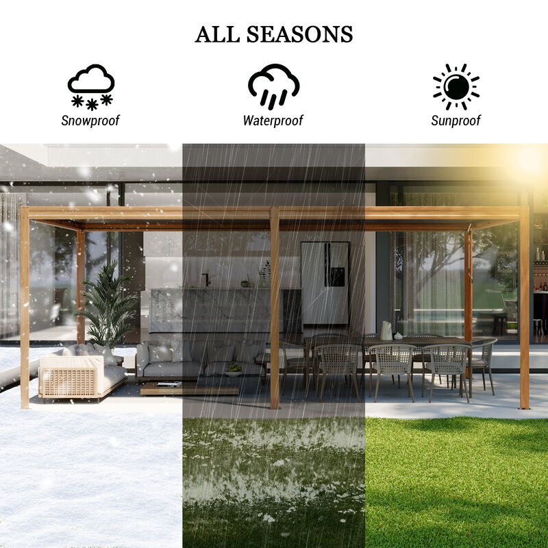 MONDAWE 10X20FT Outdoor Wood Looking Louvered Pergola Wood Grain Aluminum Pergola with Adjustable Roof for Patio, Deck, Garden