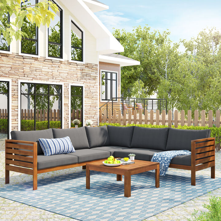 Whisen Wood Structure Outdoor Sofa Set with beige Cushions, Water-resistant and UV Protected texture