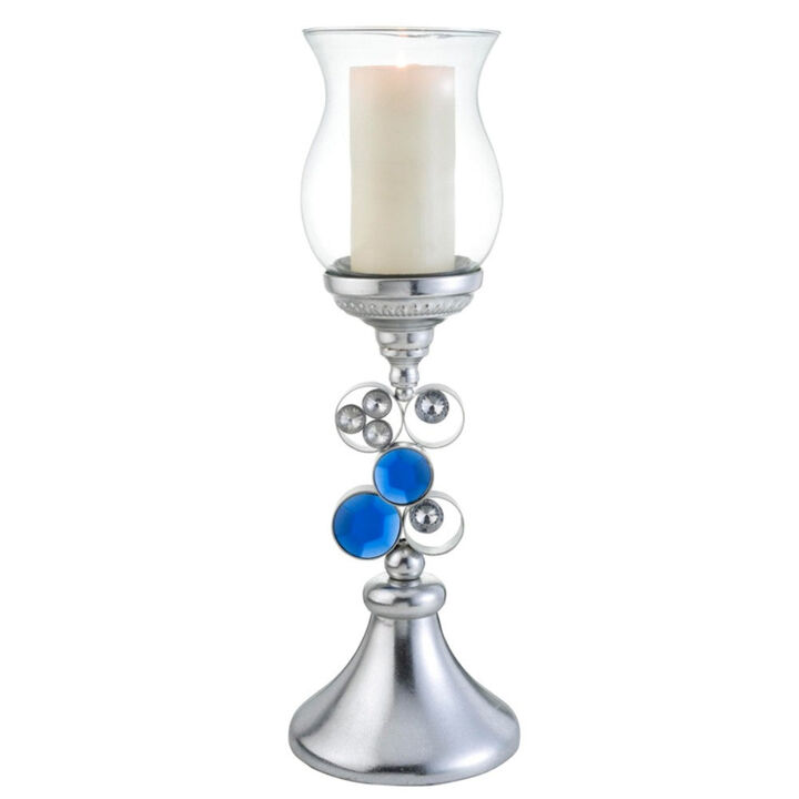 Homezia 21" Silver and Blue Faux Crystal Bling Hurricane Candle Holder