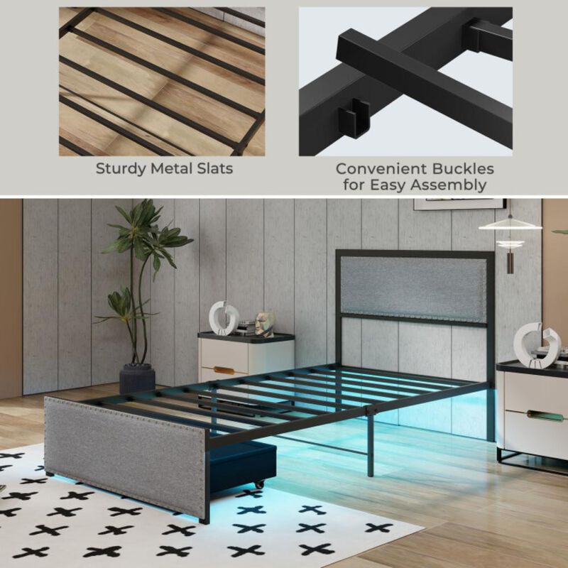 Hivvago Bed Frame with LED Lights Drawer and Metal Slats