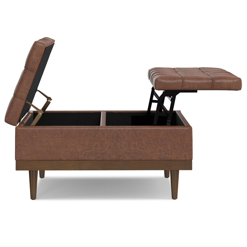 Mariah 36 inch Wide Contemporary Rectangle Lift Top Table Storage Ottoman in Distressed Saddle Brown  Vegan Faux Leather, Assembled