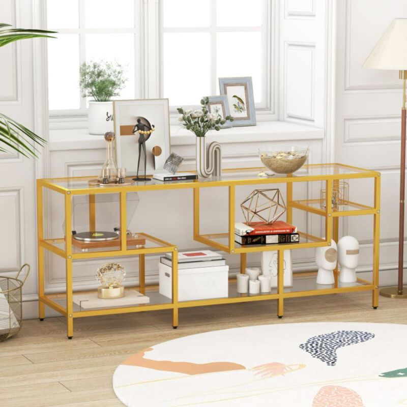 Hivvago 58 Inch TV Console Table with Tempered Glass Shelves for Living Room