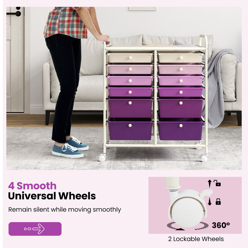 12-Drawer Rolling Organizer Cart with Lockable Wheels and Smooth Glide Drawers