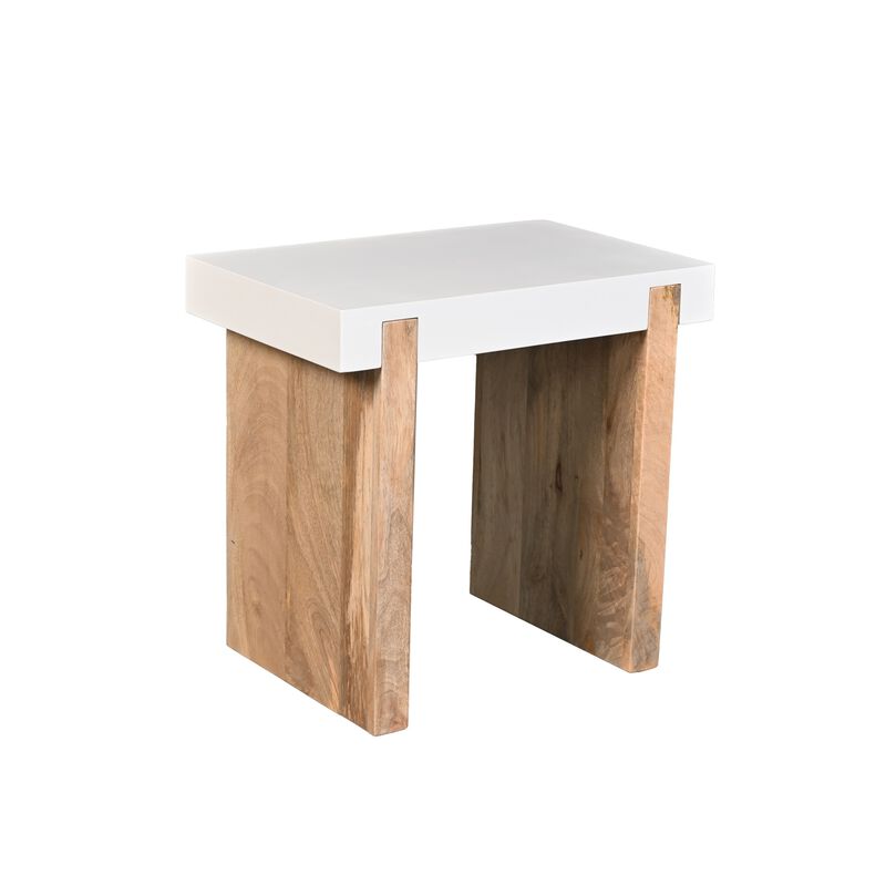The Urban Port Kerry 20-Inch Rectangular End Side Table, Mango Wood, Sled Base, Glossy White and Natural Brown