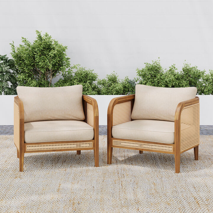 Christopher Knight Home Zelda Patio Rustic Acacia Wood Upholstered Club Chair with Rattan-Wrapped Frame (Set of 2)