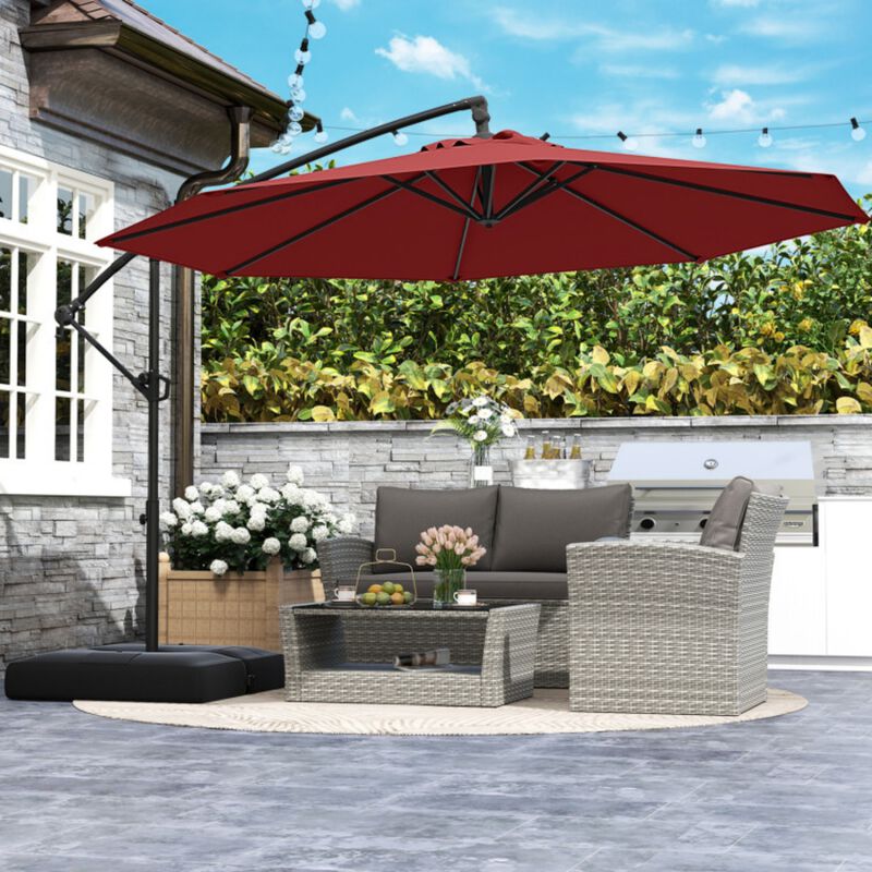 10 Feet Offset Hanging Umbrella with Base Patio Cantilever Umbrella with Tilt-Red image number 1