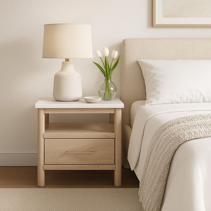 Mooran Nightstand, 1 Drawer w USB-C, Marble Finish Top, Brown Beige