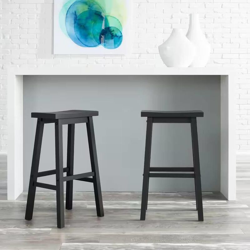 Hivvago Set of 2 Farmhouse Bar Height Saddle Seat Barstool in Charcoal Black Wood Finish