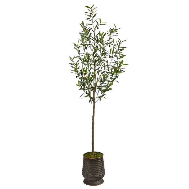 Nearly Natural 75-in Olive Artificial Tree in Ribbed Metal Planter