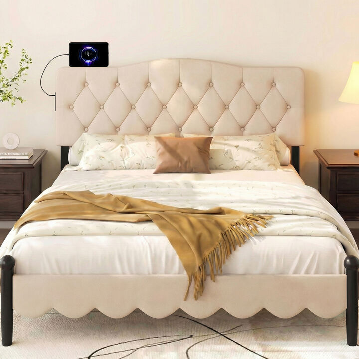 Upholstered Tufted Headboard for Full and Queen Beds with 2 Power Outlets