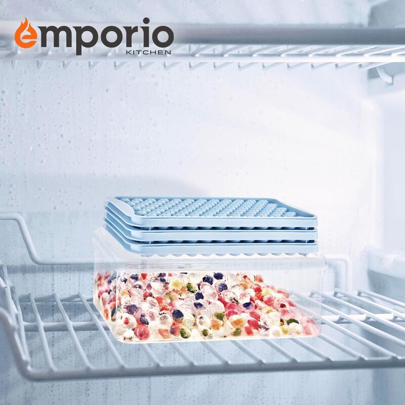 Round Ice Cube Tray with Lid and Bin &ndash; Creates 1664 Ice Balls (0.60 Inch Size), Stackable Ice Cube Trays, Easy-Release Ice Balls for Drinks and Cocktails, Pack of 4 (16 Trays), Blue