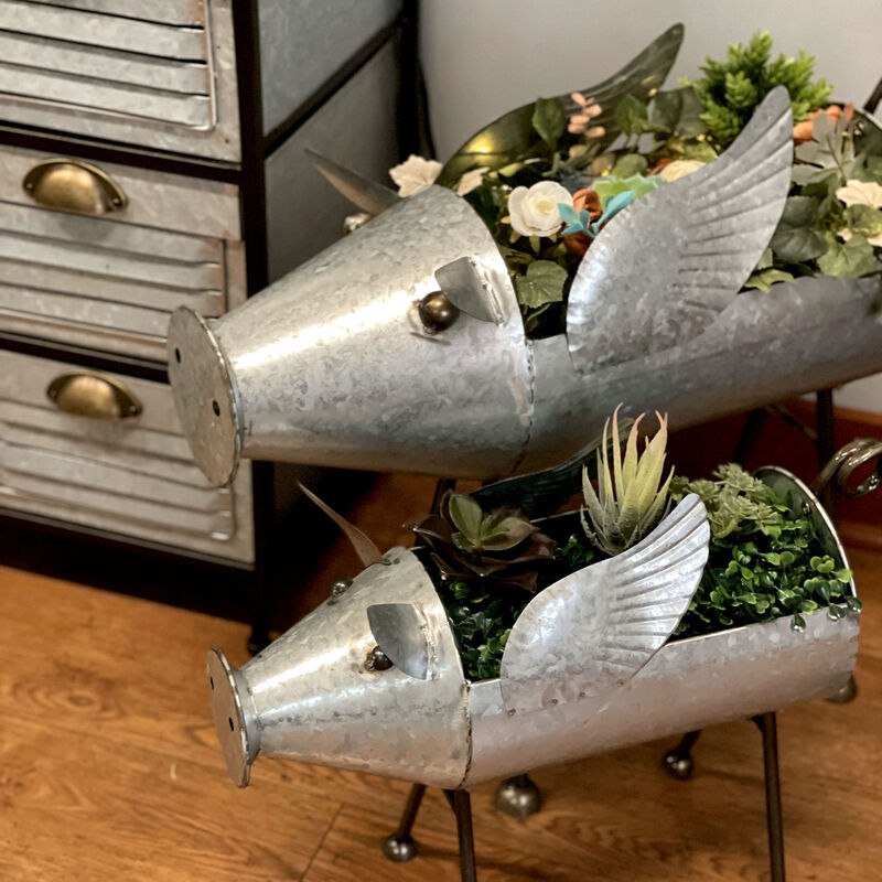 Set of 2 Flying Pig Planters - Distressed Metal - Whimsical Farmhouse Decor image number 9