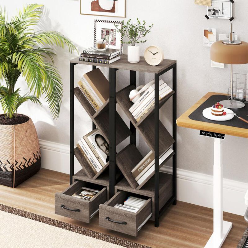Hivvago 4 Tier Floor Tree Bookshelf with Drawer and Metal Frame