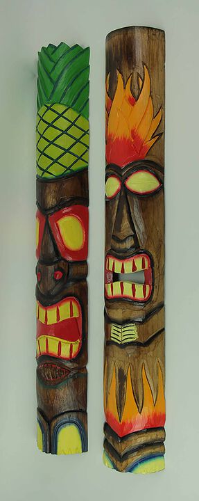 39 inch Tall Hand Crafted Wooden Tiki Totem Wall Mask Set of 2