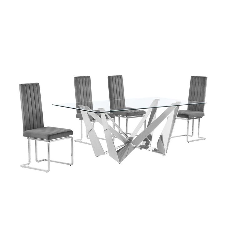 5pc Small(78") glass dining set with silver base and 4 Dark grey side chairs