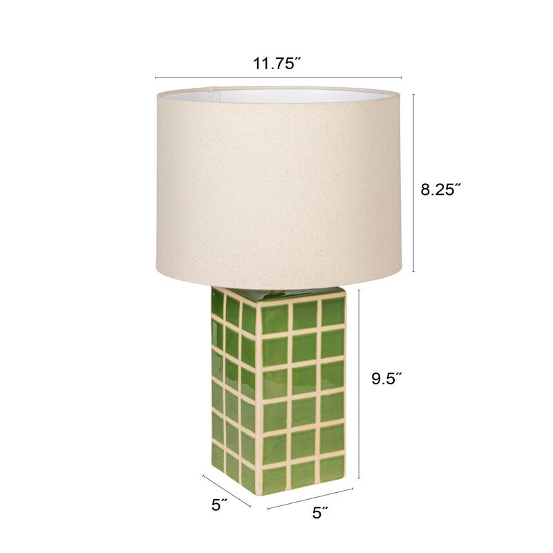Green Grid Stoneware Table Lamp with Linen Shade image number 2