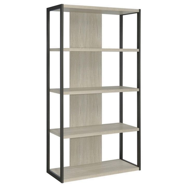 Dela 72 Inch Freestanding Bookcase, 4 Wooden Shelves, Whitewashed Gray-Benzara