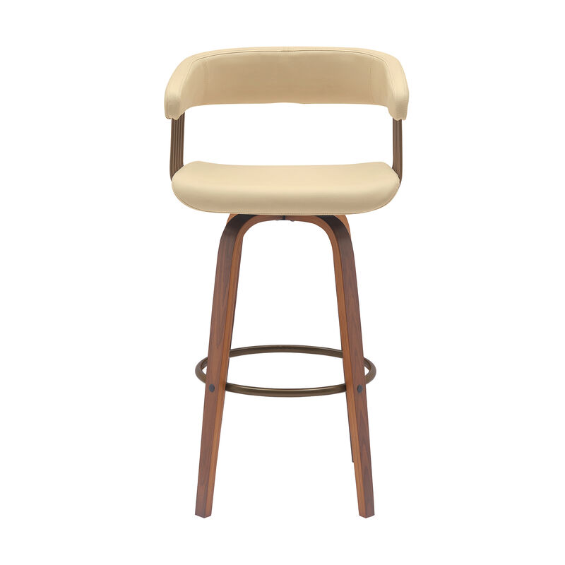 Topanga 26" Swivel Walnut Wood Counter Stool in Cream Faux Leather with Golden Bronze Metal