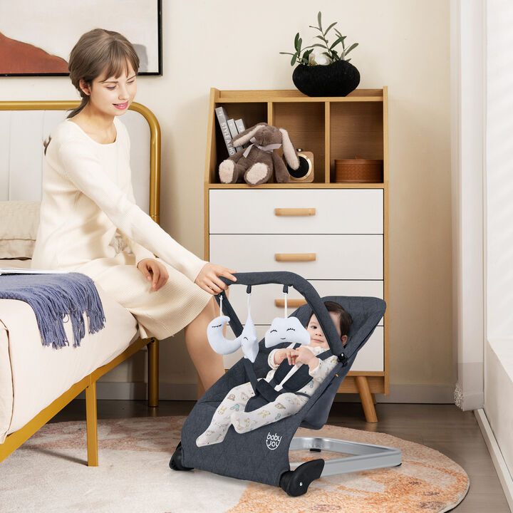 Foldable Baby Bouncer with Removable Fabric Cover and Toy Bar for Comfort and Entertainment