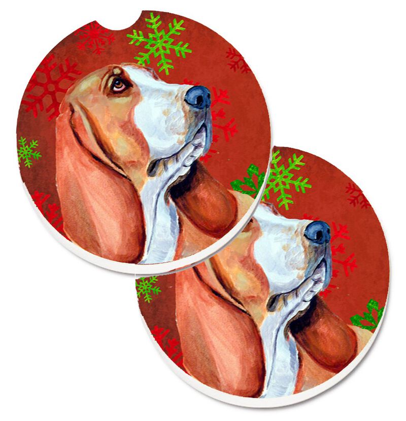 Caroline's Treasures Basset Hound Red & green Snowflakes Holiday Christmas Set of 2 Cup Holder Car Coasters LH9332CARC, 2.56, Multicolor image number 0