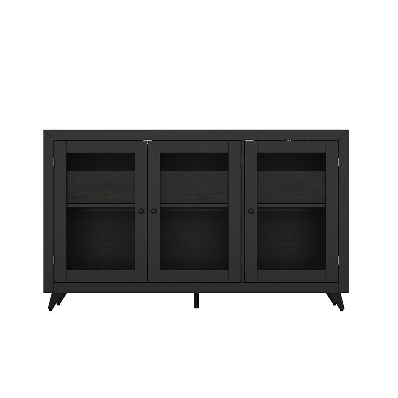 FUFU&GAGA Modern Sideboard with Glass Doors and Storage Drawers, Multi-Functional Buffet Cabinet, (59" W x 15.7" D x 35.4" H), Black