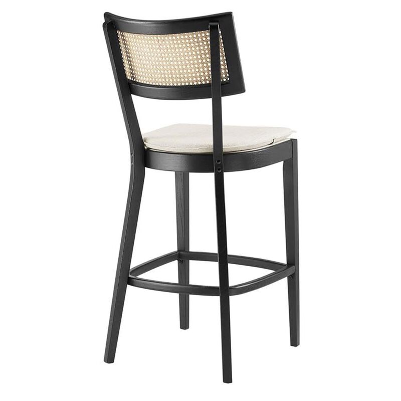 Modway Caledonia 46.5 Inch Elm Wood Bar Stools - Set of 2 in Black Beige - Padded Bar Stools with Rattan Back and Removable Cushion Cover - 2Pc High Bar Chairs with Footrest - Armless Bar Stools image number 3