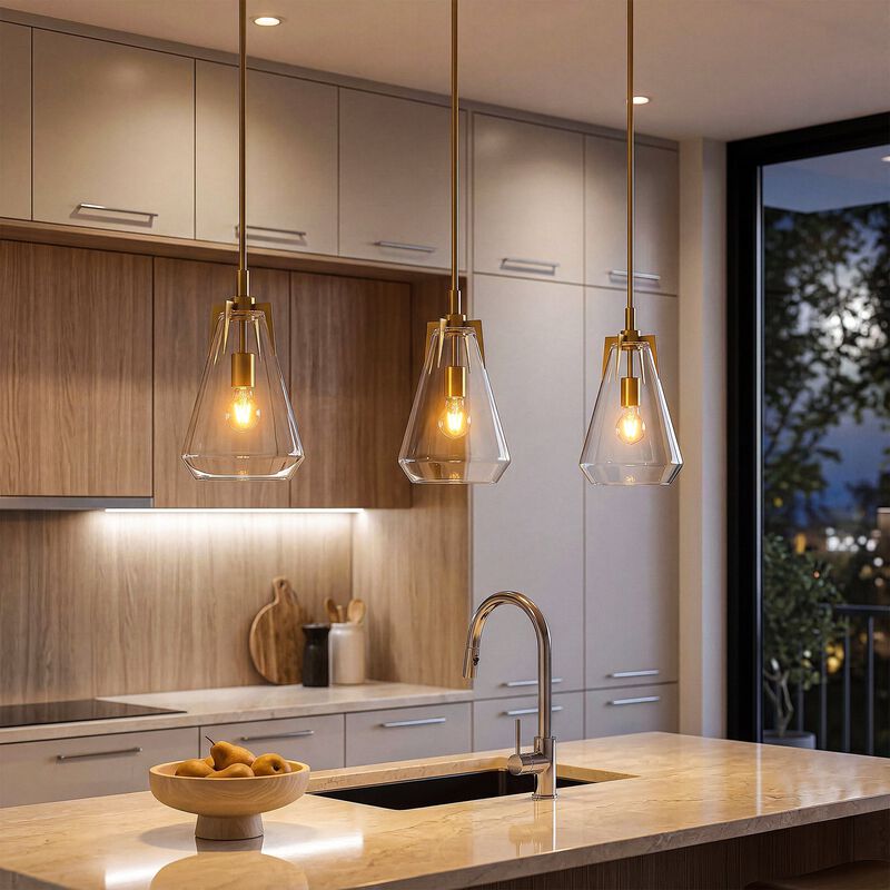 Gold Pendant Light with Clear Glass Shade, Adjustable Downrods image number 5