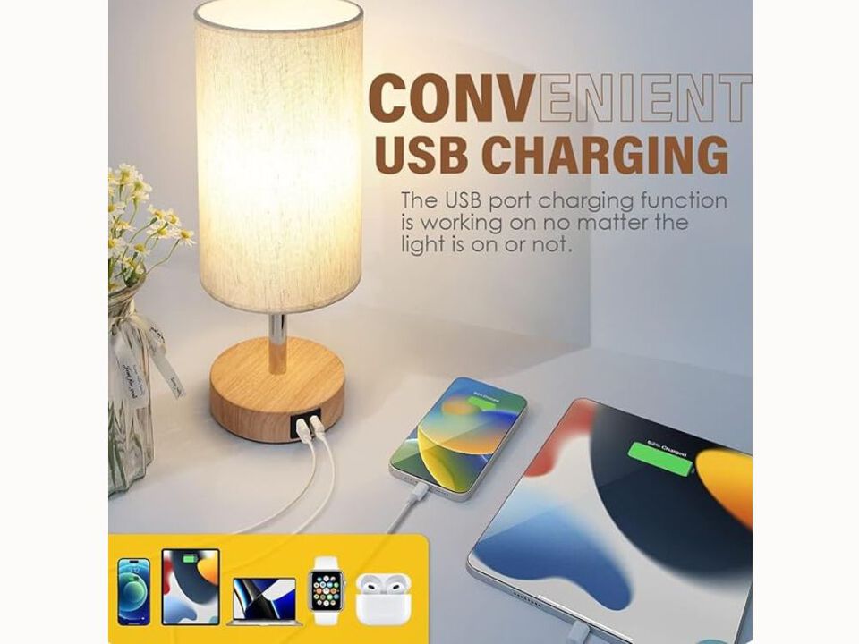 Touch Bedside Table Lamp – Wood Base, USB Ports, 3-Way Dimmable, Flaxen Shade, LED Included