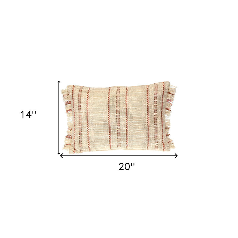HomeRoots 14" X 20" Beige and Pink Striped Cotton Throw Pillow With Fringe image number 5