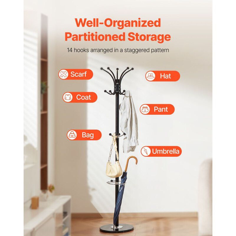 Coat Rack with Umbrella Holder, 14 Hooks Freestanding Stand with Marble Base image number 6