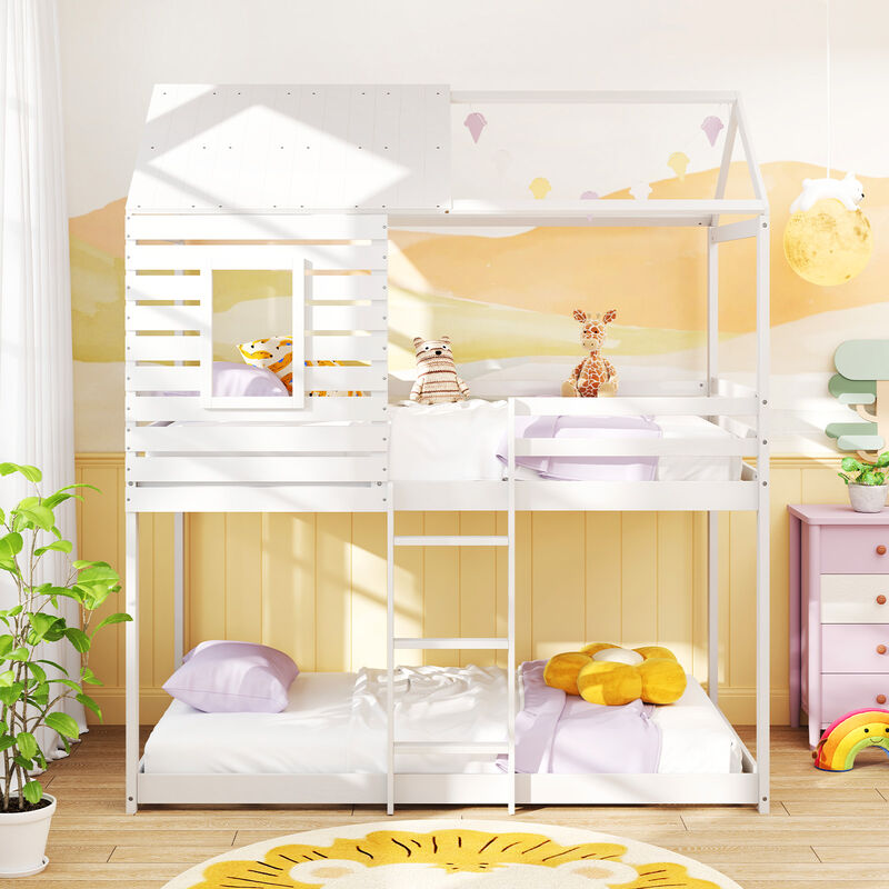Sturdy Wood Bunk Bed with Roof and Long Guardrails – Creative House Bed for Children
