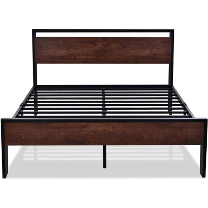 Mahogany Wood Panel Bed Frame – Metal Platform Bed with Elegant Headboard and Footboard