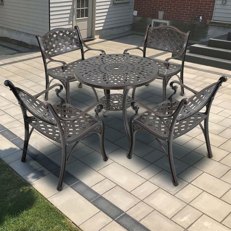MONDAWE 5-Piece Cast Aluminum Outdoor Dining Set, Piece Chair and Round Table with Umbrella Hole