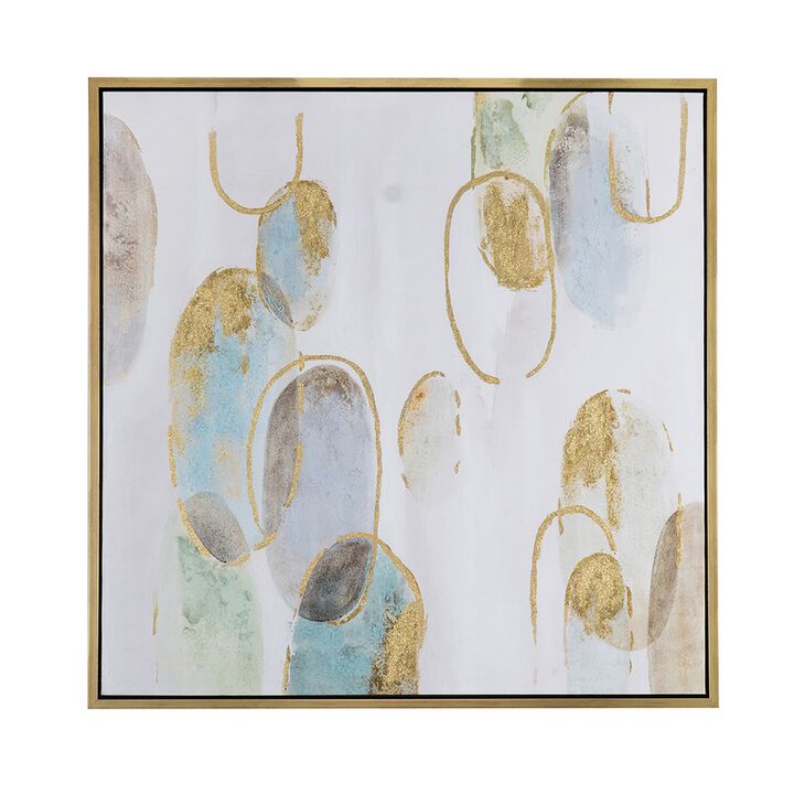 39 x 39 Square Wall Art Oil Painting, Abstract Circles, Gold, White, Green - Benzara