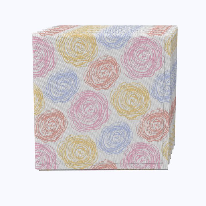 Fabric Textile Products, Inc. Napkin Set of 4, 100% Cotton, Colorful Drawn Pastel Roses