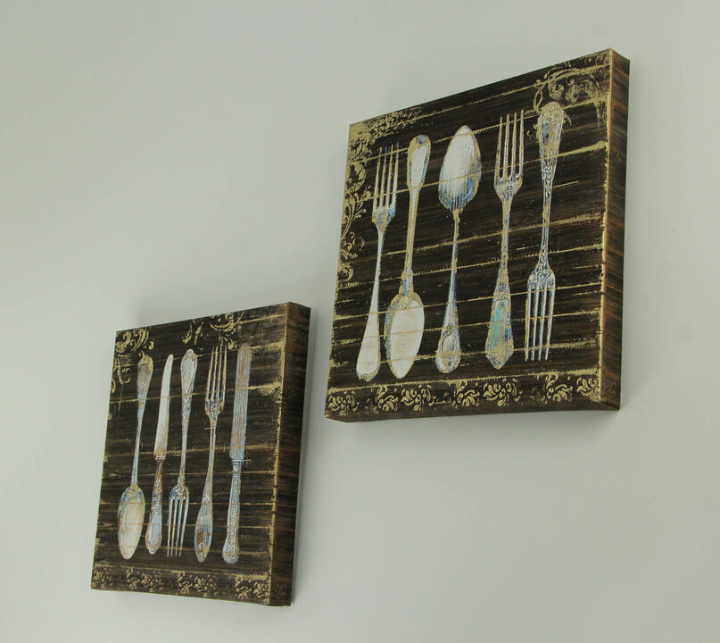 Vintage Finish Wood Look Antique Silverware Canvas Wall Prints 2 Piece Set