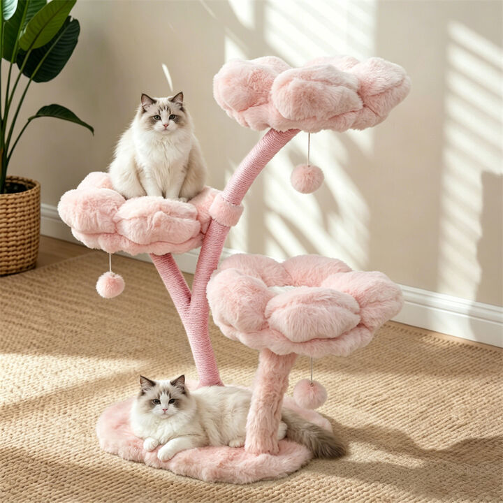 3-Tier Flower Cat Tree Pink Modern Cat Tower 41" Height Scratching Post Activity