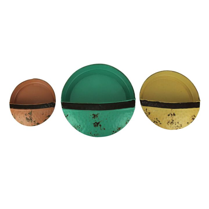 Green Yellow Orange Vintage Metal Round Wall Pockets Set of 3