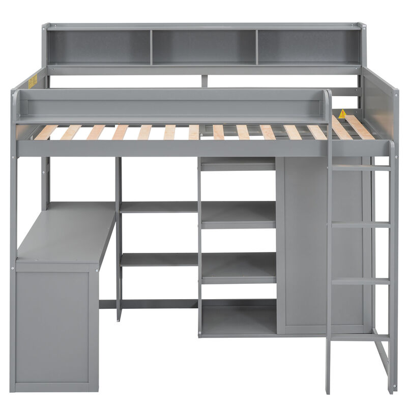 Whisen Wood Twin Size Loft bed with Multiple Storage Shelves and Wardrobe - White