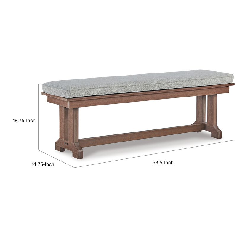 Emme 54 Inch Outdoor Dining Bench, Brown Base, Gray Padded Cushioning - Benzara
