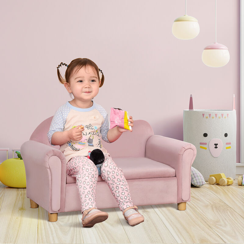 Foam and Velvet Kids Sofa with Inner Storage, Kids Couch with Soft Arms, Pink