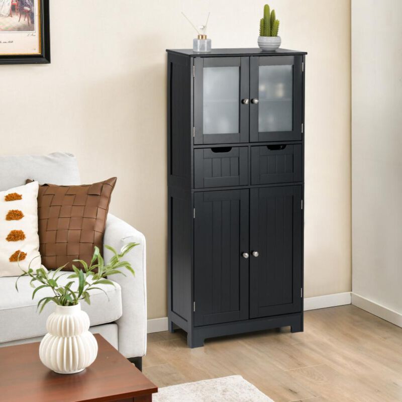 Hivvago 4 Door Freestanding Bathroom Floor Storage Cabinet with 2 Drawers and Glass Doors