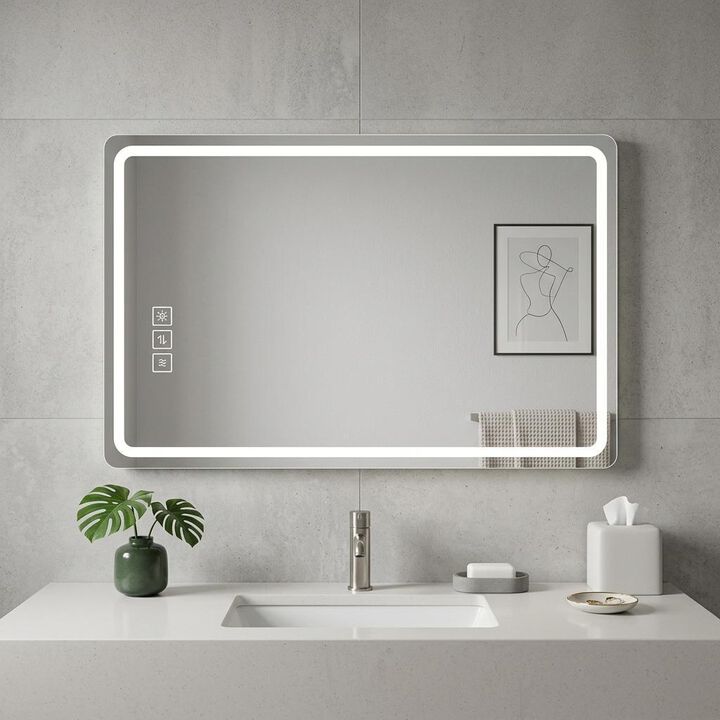 HomeRoots 32" Silver Lighted Frameless Anti Fog Bathroom Vanity Mirror