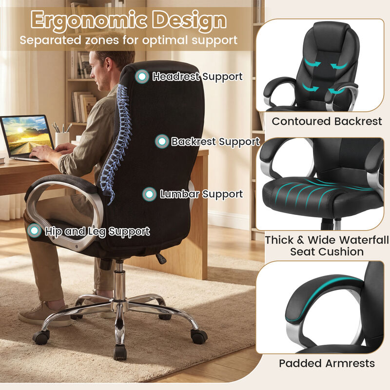 Leather Executive Office Chair with Mesh Back, Padded Armrests and Rocking Function image number 3