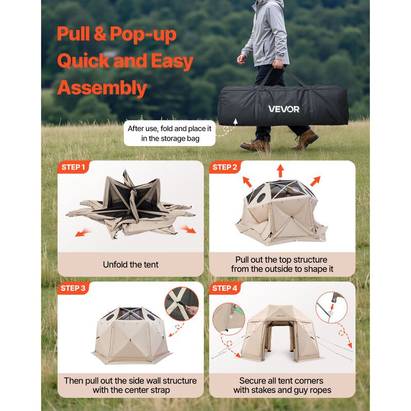 Pop Up Screen House Tent for 8-10 People with Removable Canopy and Carry Bag-Beige image number 4