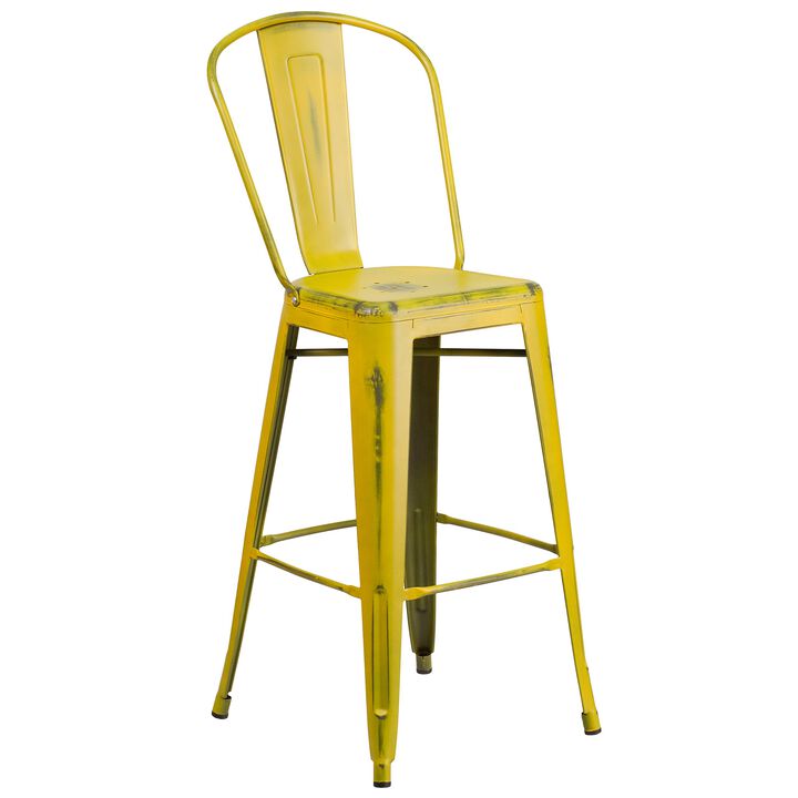 Flash Furniture Commercial Grade 30" High Distressed Yellow Metal Indoor-Outdoor Barstool with Back