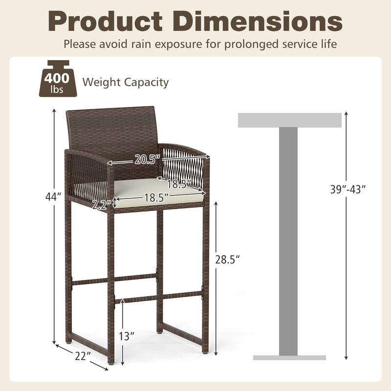 Set of 2 Patio Bar Height Wicker Chairs with Cushions – Outdoor Seating